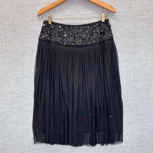 Basil & Maude NWT $148 Womens Black Pleated Mesh Sequin Beaded Skirt Size 6